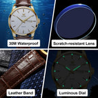 Reloj de cuero casual para hombre, fácil de leer, analógico de acero inoxidable de tres manecillas, para hombre, minimalista, fecha, impermeable, luminoso, reloj de pulsera de cuarzo para