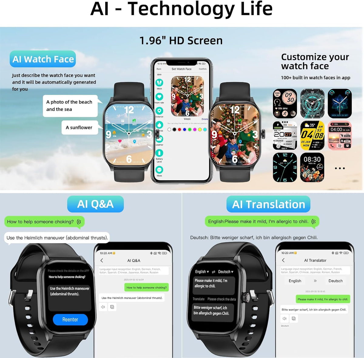 Smart Watch, GPS y Mapas Libres, Pantalla HD de 1.96", IA, Llamadas y Mensajes por Bluetooth