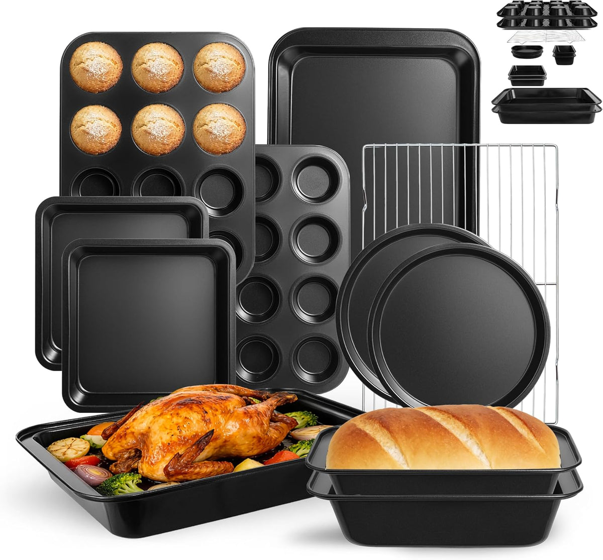 Set de 11 piezas de bandejas para hornear antiadherentes - Bakeware de acero al carbono de grado profesional con recubrimiento premium - apto para lavavajillas, apilable, apto para horno hasta 450°F (negro)