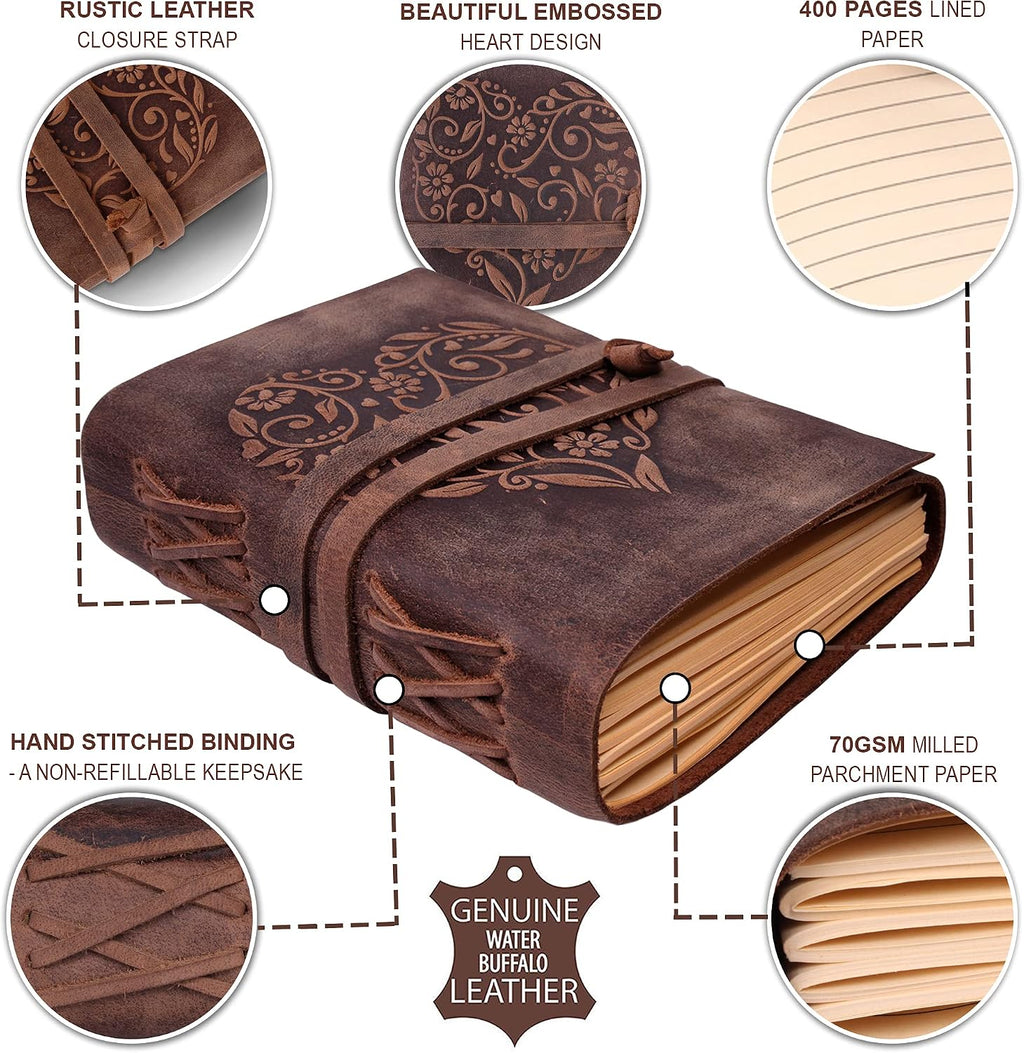 moonster Diario de cuero para mujeres con patrón de corazón, cuadernos con líneas de 7 x 5 pulgadas, cuadernos pequeños con líneas, papel kraft de 400 páginas, cuaderno de papel con líneas, regalos