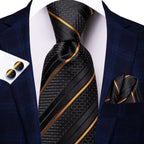 Hi-Tie - Juego de 3 piezas para hombre, incluye corbata, pañuelo de bolsillo, gemelos y pin de solapa, colección de corbata de seda