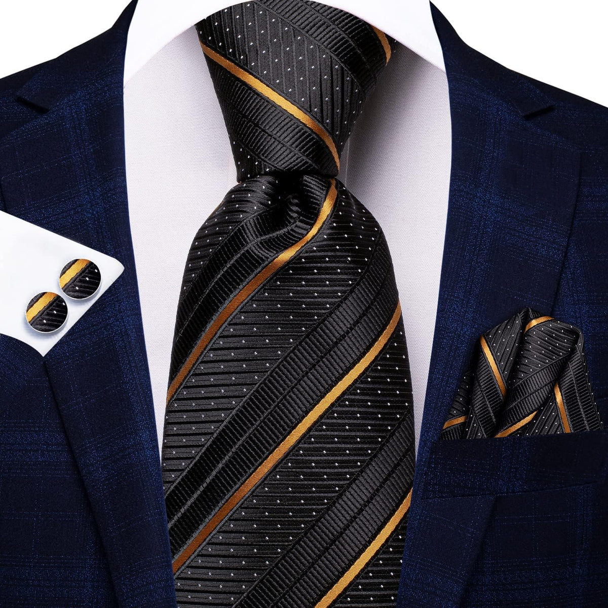 Hi-Tie - Juego de 3 piezas para hombre, incluye corbata, pañuelo de bolsillo, gemelos y pin de solapa, colección de corbata de seda