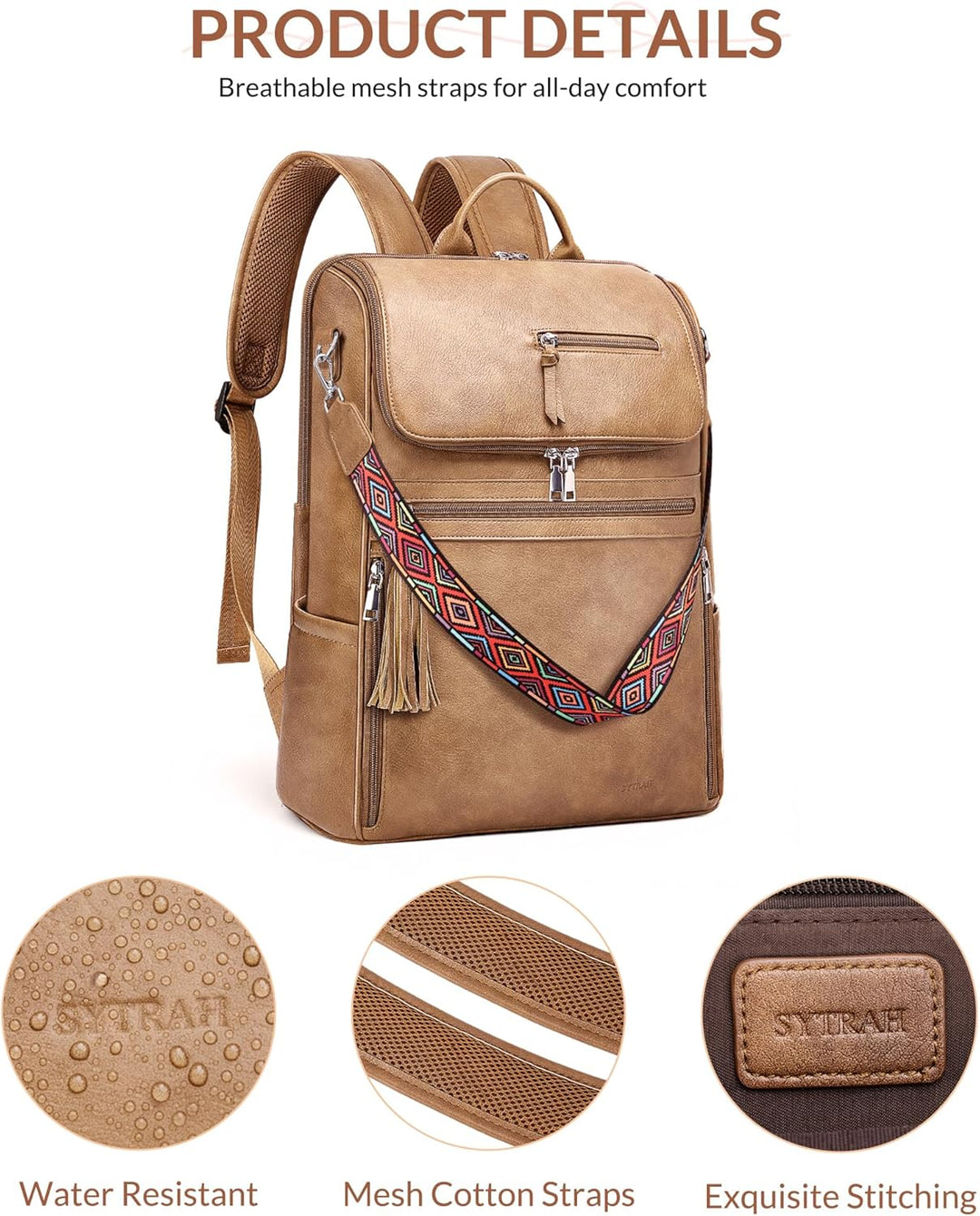 SYTRAH Mochila de cuero para laptop para mujer, bolsa de diseñador...