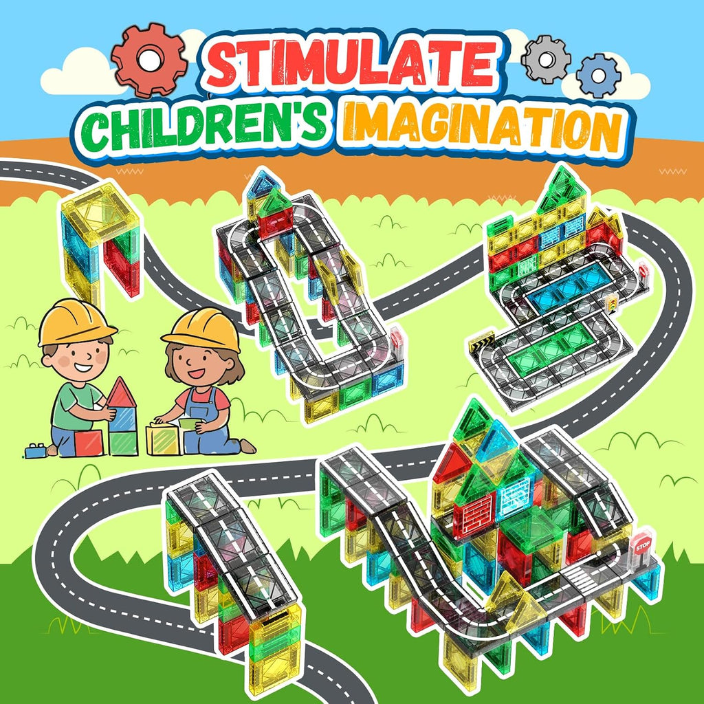 Azulejos magnéticos, juego de carretera, bloques de construcción de viaje con 2 autos y caja de metal, mini azulejos magnéticos para exteriores, juguetes de construcción para niños, regalos