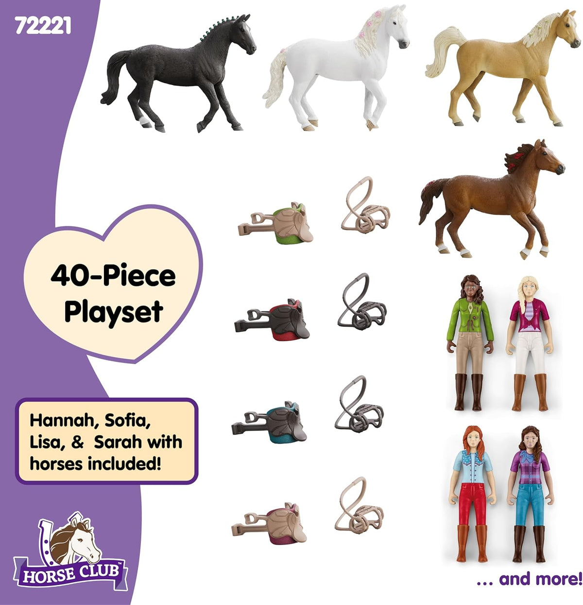 Schleich Horse Club - Juego completo de figuras de juguete de 40 piezas del Horse Club Rider - Figuras articuladas de jinete de Hannah, Sofia, Lisa y Sarah con caballos y accesorios de equitación