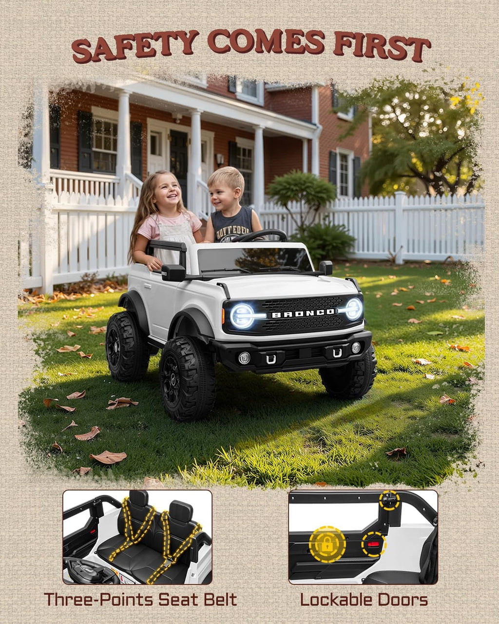 First Ride On Auto de 24 V y 2 plazas para niños, base Ford Bronco con licencia con control remoto, camión eléctrico con Bluetooth, LED, cinturones de seguridad y diseño espacioso (blanco)
