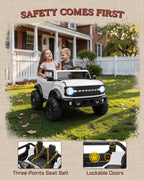 First Ride On Auto de 24 V y 2 plazas para niños, base Ford Bronco con licencia con control remoto, camión eléctrico con Bluetooth, LED, cinturones de seguridad y diseño espacioso (blanco)
