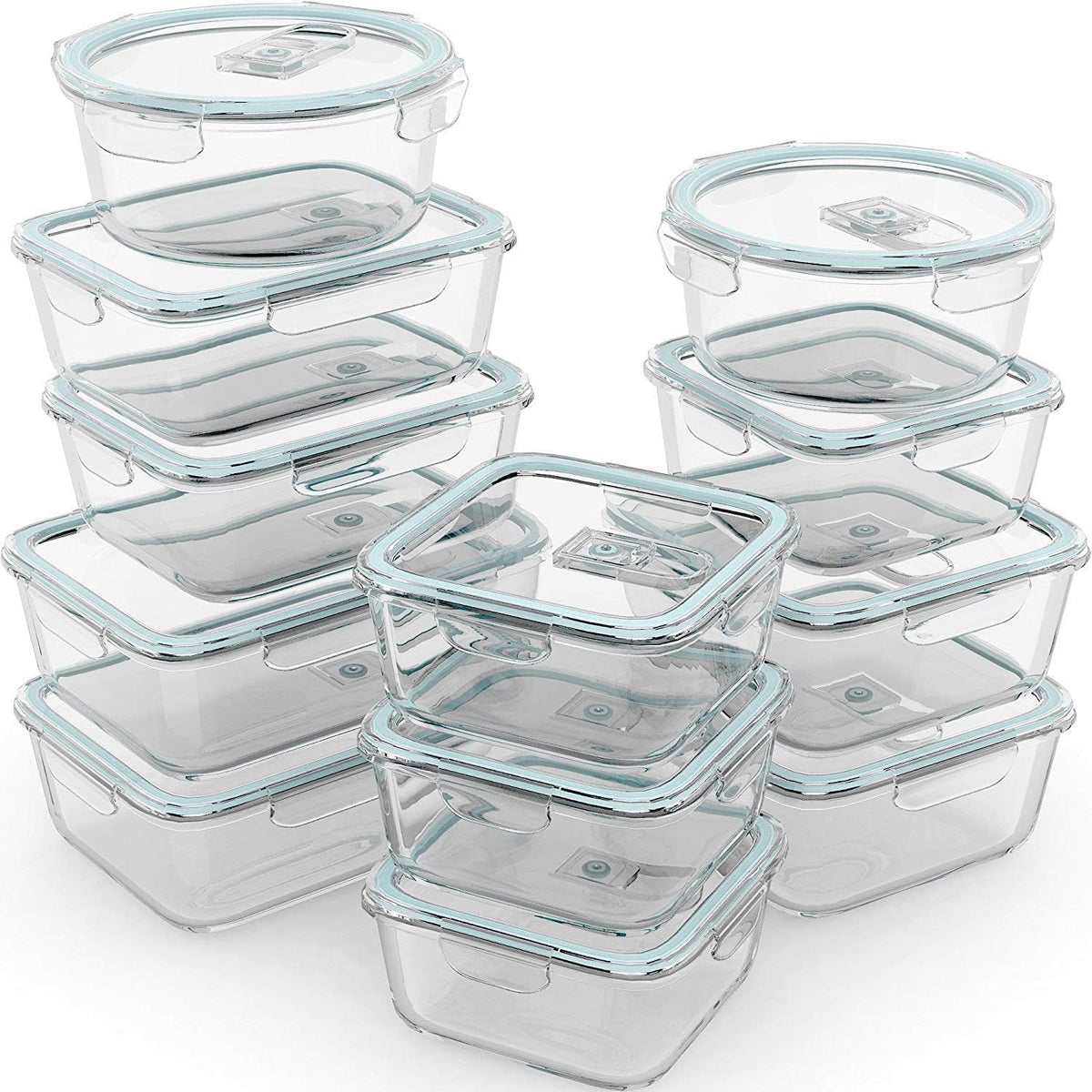 Razab - Juego de recipientes de vidrio para alimentos con tapas herméticas y válvula de liberación de presión, aptos para microondas, horno, congelador y lavavajillas, sin BPA ni PVC, recipientes pequeños, grandes, reutilizables, redondos, cuadrados y