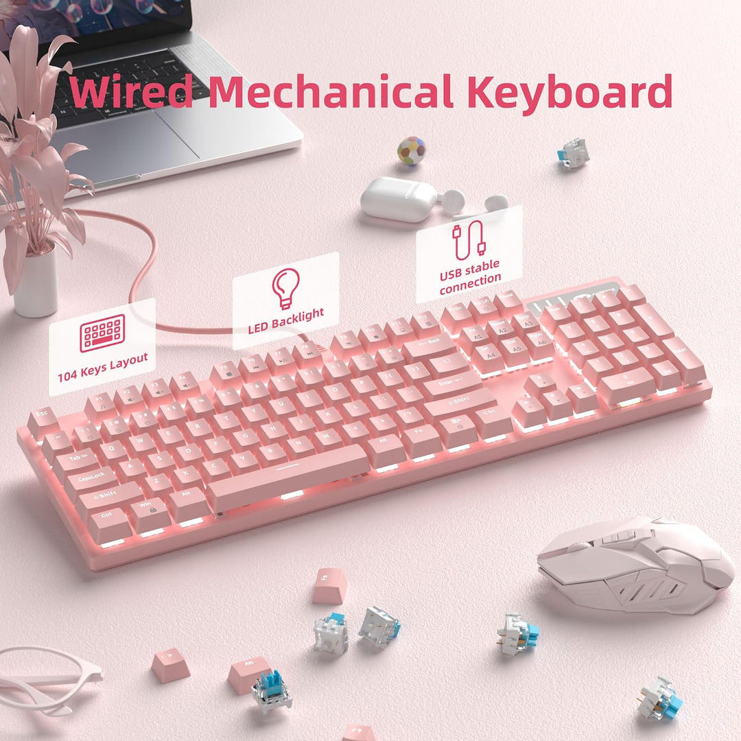 MageGee Teclado para juegos rosa con cable USB, nuevo teclado mecán...