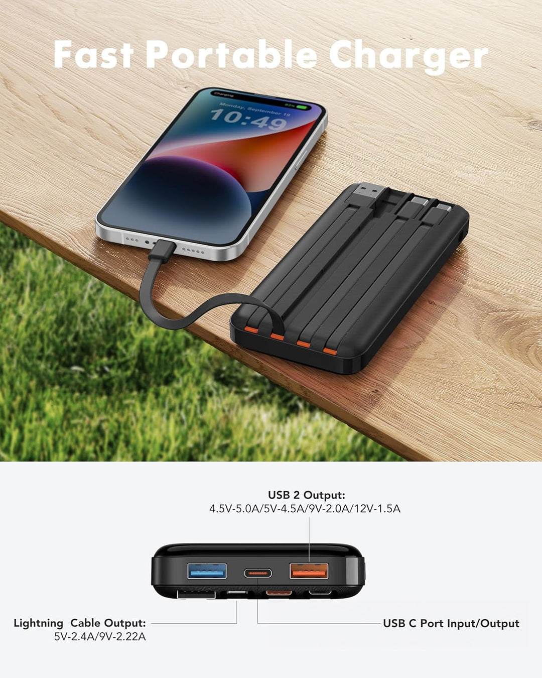 Charmast - Cargador portátil de 20000 mAh con cables incorporados,...