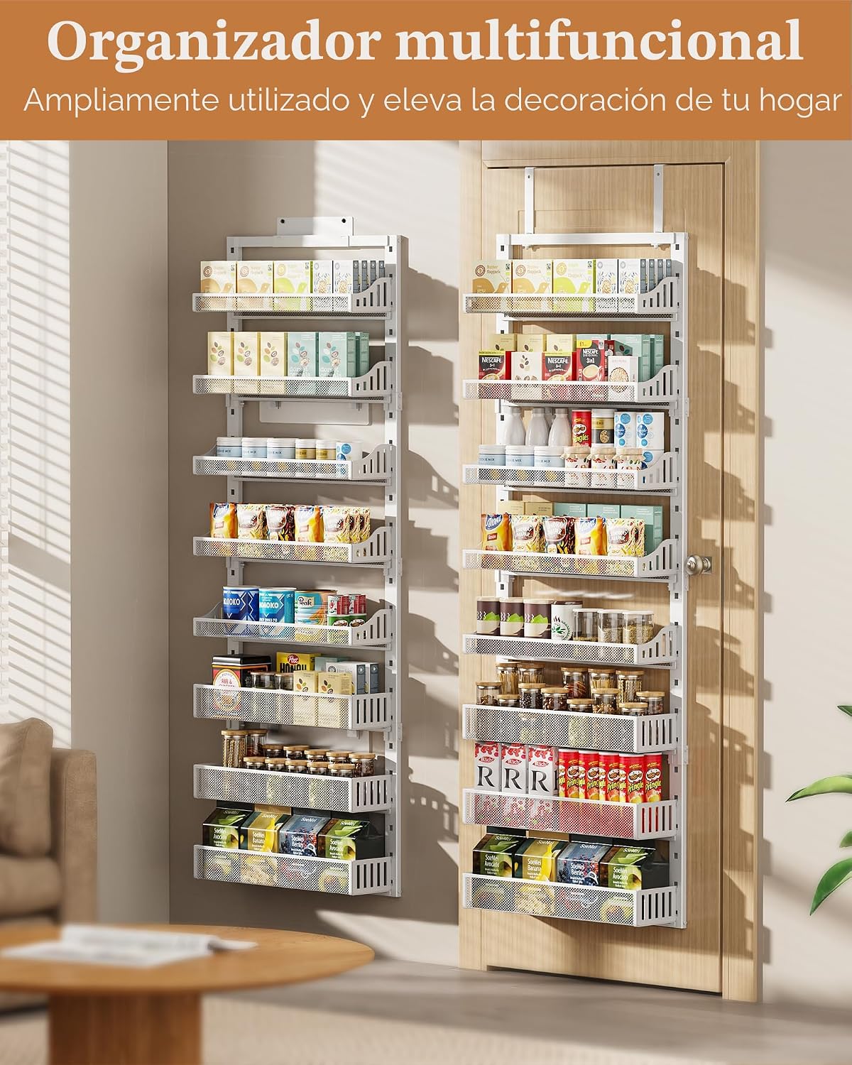 Organizador de despensa para puerta de 8 niveles, estante de especias grande de metal para puerta con cesta ajustable, soporte de pared 2 en 1 o colgante para puerta de despensa