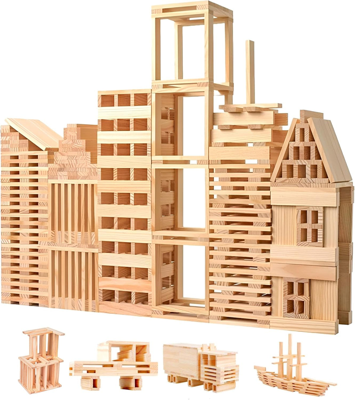 Juego de bloques de construcción de madera, juguetes de construcción de bloques de tablones de 200 piezas, juguete educativo de madera STEM para niños y niños pequeños