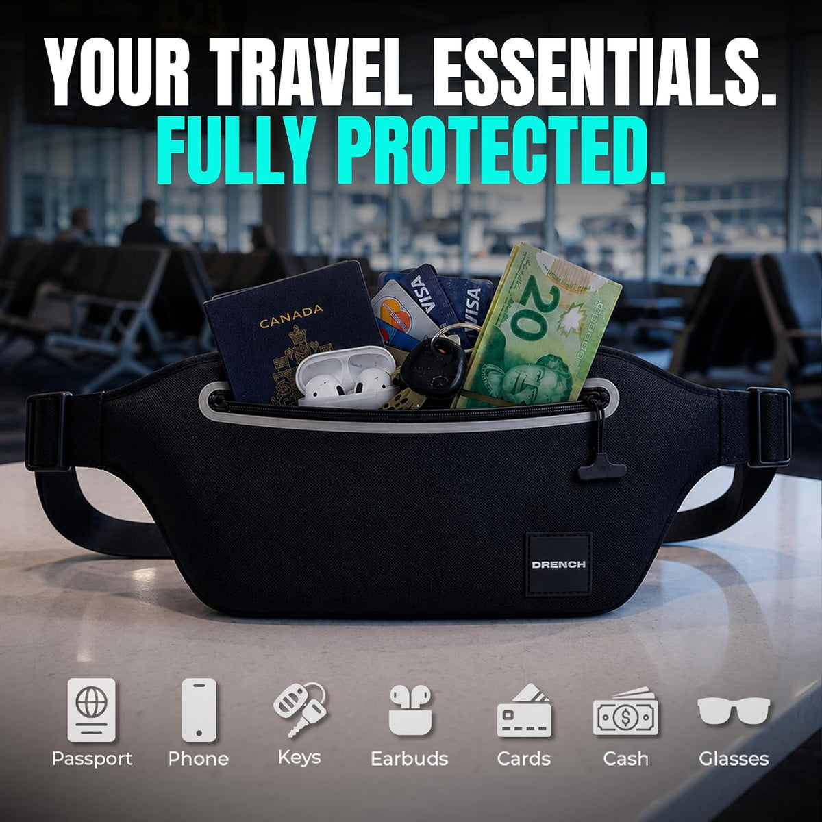Cinturón de dinero de viaje 100% impermeable, con bloqueo RFID, soporte