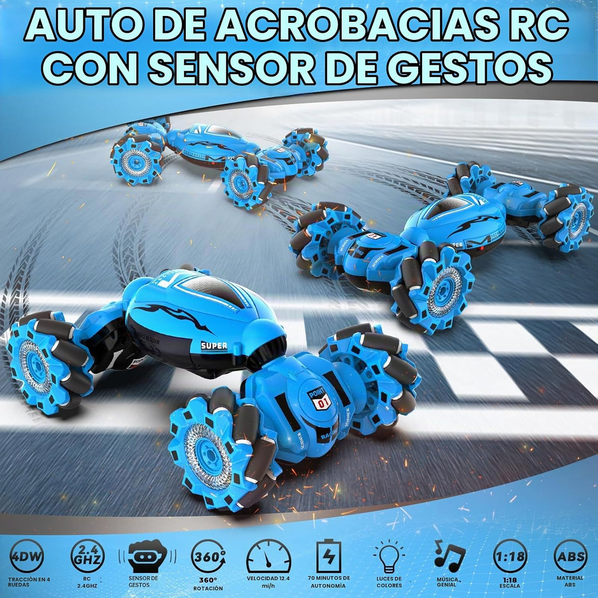 Gesture RC Car, juguete de acrobacias RC con detección de gestos para niños de 6 a 12 años, control remoto de mano 4WD de 2.4 GHz con luces y música, deriva con rotación de 360° todoterreno