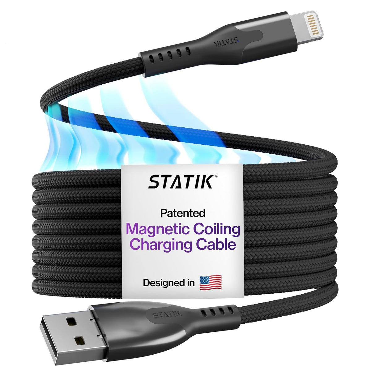 Statik MagStack USB a Lightning Cable de carga magnética, 12W, certificado MFi, trenzado de nylon sin enredos, enrollado magnético, transferencia de datos, compatible con iPhone y iPad, 6FT negro