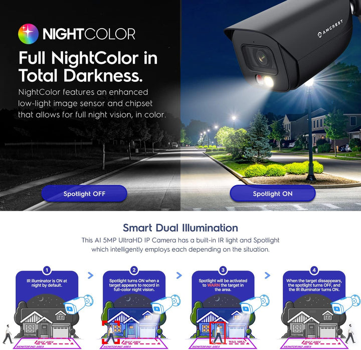 Amcrest Cámara IP PoE AI de 5MP con visión nocturna a color de 49 p...