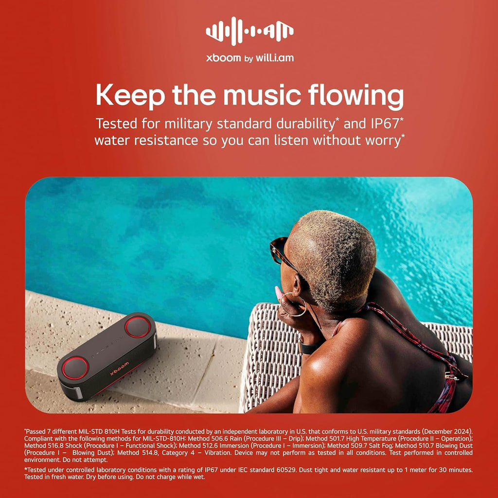 LG xboom Bounce by will.i.am, altavoz Bluetooth portátil para deportes y atletas, hasta 30 horas de reproducción, IP67 resistente al polvo y al agua. Perfecto para baloncesto