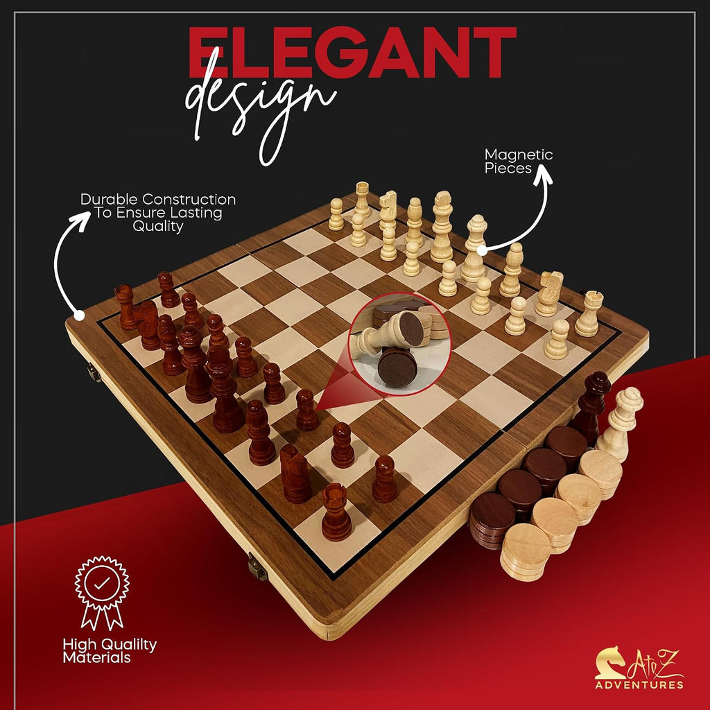 Juego de ajedrez magnético con damas, juegos de ajedrez de madera plegables de 15 pulgadas (2 en 1) para adultos y niños con 2 reinas adicionales, juego de mesa de ajedrez de viaje con ranuras de almacenamiento de piezas de ajedrez, regalo de lujo con