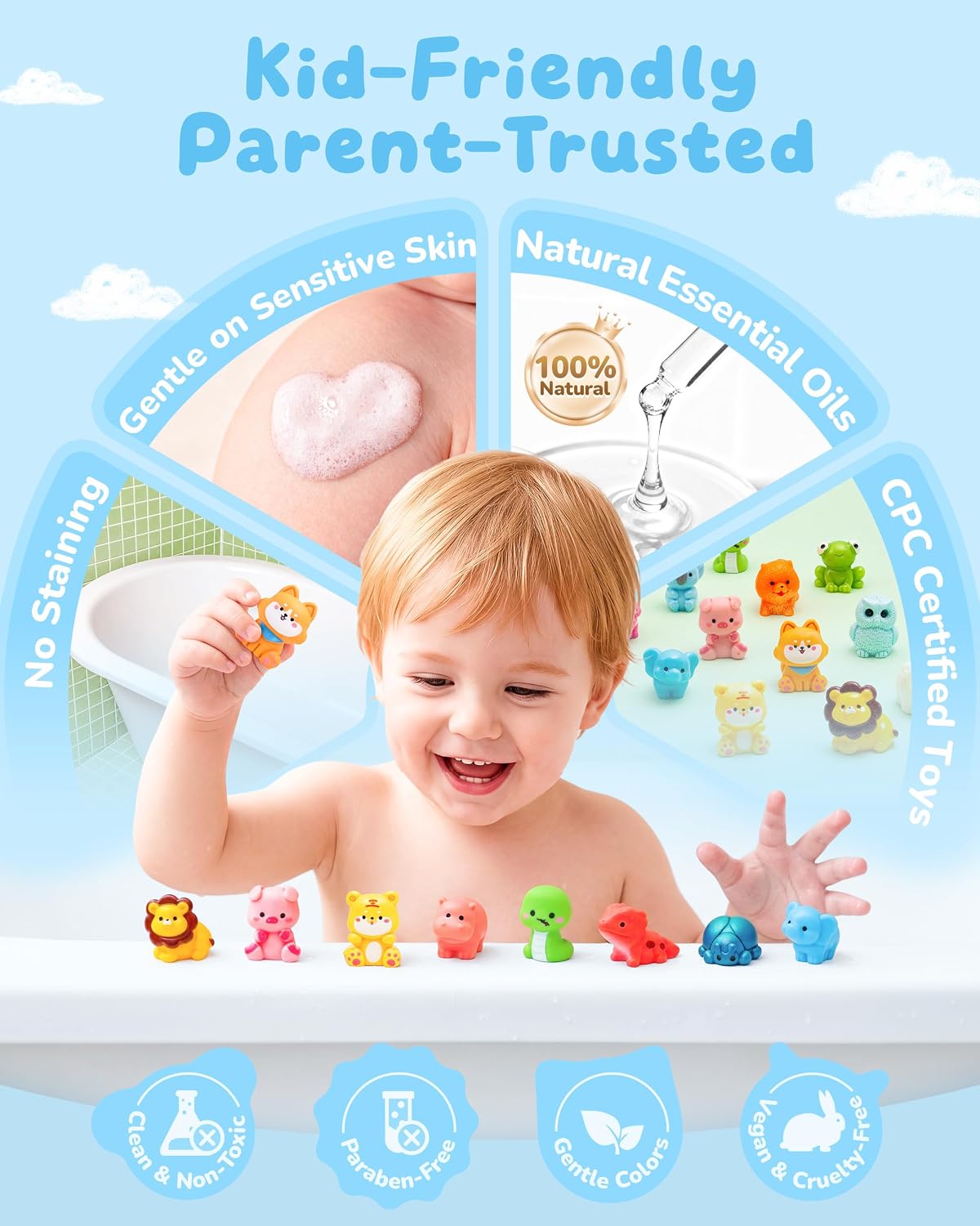 Paquete de 18 bombas de baño en forma de animal para niños con sorpresa en el interior, 6 bonitos diseños de animales, aceites esenciales orgánicos y fórmula segura para niños