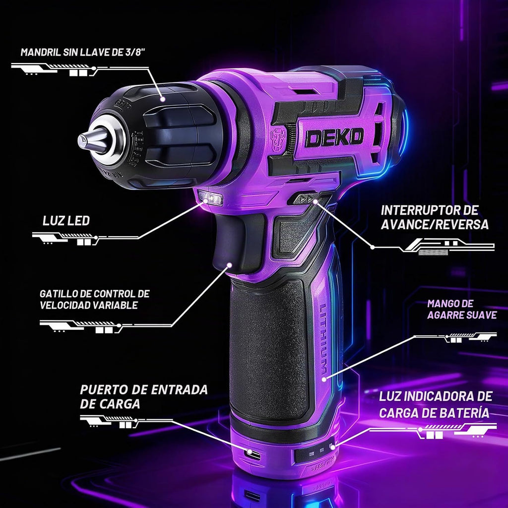 Taladro inalámbrico: DEKOPRO Juego de taladro eléctrico de 12 V, taladros eléctricos de 800 rpm, taladros pequeños con portabrocas sin llave de 3/8 pulgadas y juego de herramientas portátil, caja de
