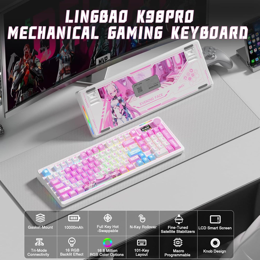 LINGBAO K98 PRO - Teclado mecánico de anime inalámbrico, con pantal...