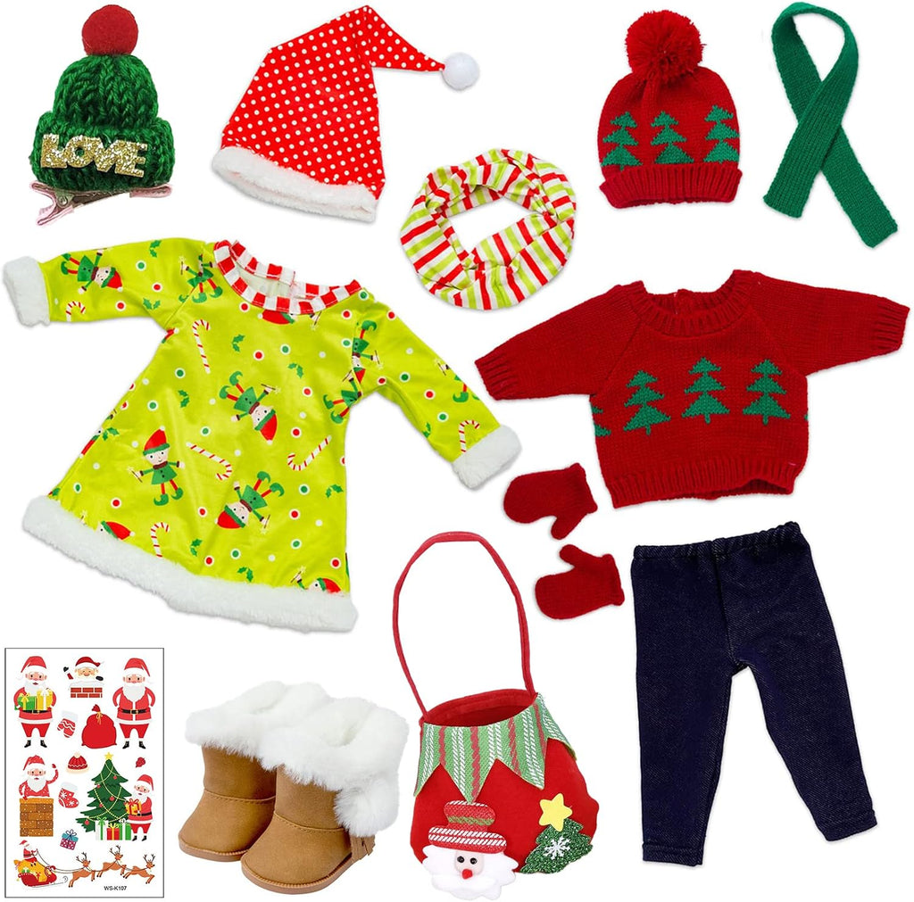 UNICORN ELEMENT 2 juegos de ropa y accesorios para muñecas de Navidad de 18 pulgadas, disfraz de Papá Noel de Navidad, incluyendo vestido de Navidad, suéter, horquilla, sombrero, bufanda, botas, etc
