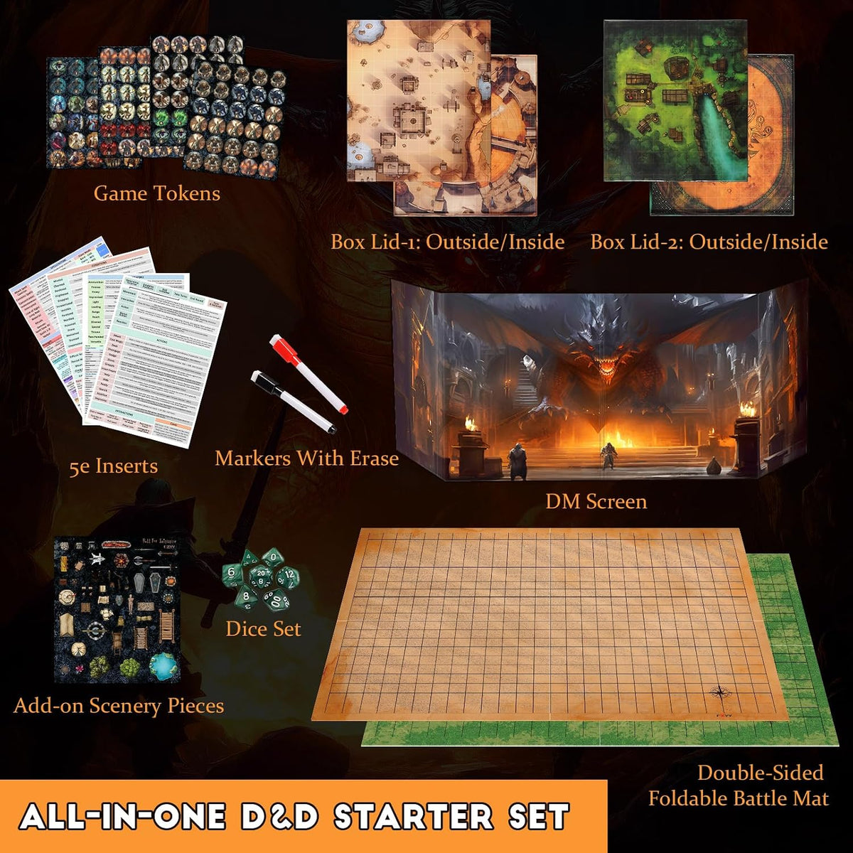 CZYY RPG Starter Set, Foldable Battle Mat, DM Screen, Game Tokens & Dice