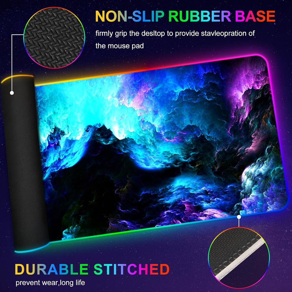 Alfombrilla de mouse RGB para juegos grande, extendida LED, tamaño XXL, 35.4 x 15.7 pulgadas, 14 modos de iluminación, 2 brillo, base de goma antideslizante, alfombrilla de teclado impermeable, nebulosa de fantasía