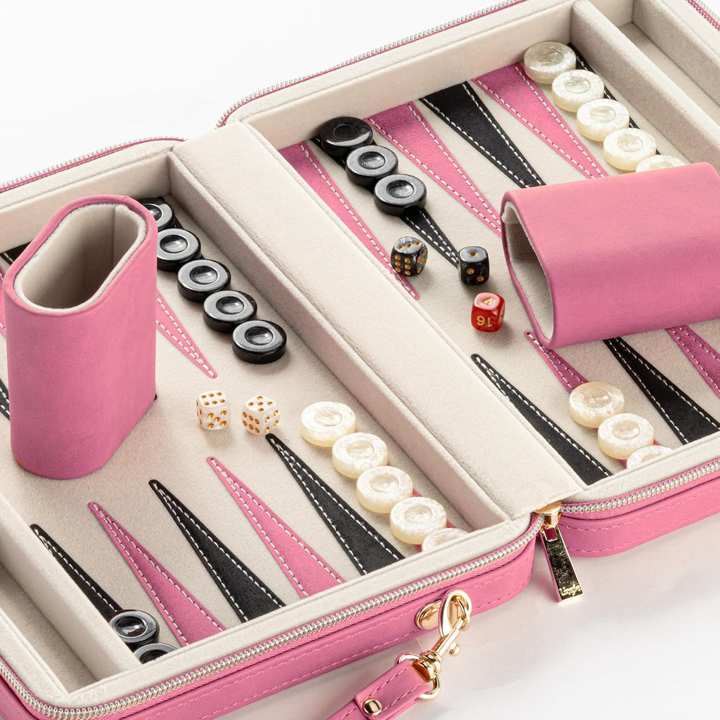 Juegos de backgammon para adultos, juego de mesa clásico con estuche de backgammon plegable de cuero sintético, juego de backgammon portátil de viaje (rosa)