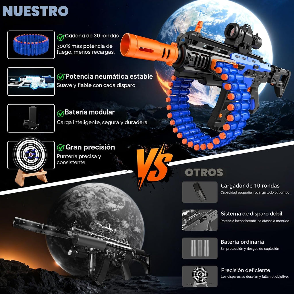 SOFITEN Pistola de juguete eléctrica automática con alcance de juguete con tambor giratorio de 30 dardos y 100 dardos de espuma, juegos de disparos al aire libre, juguetes de cumpleaños para adolescentes, niños y niñas y adultos