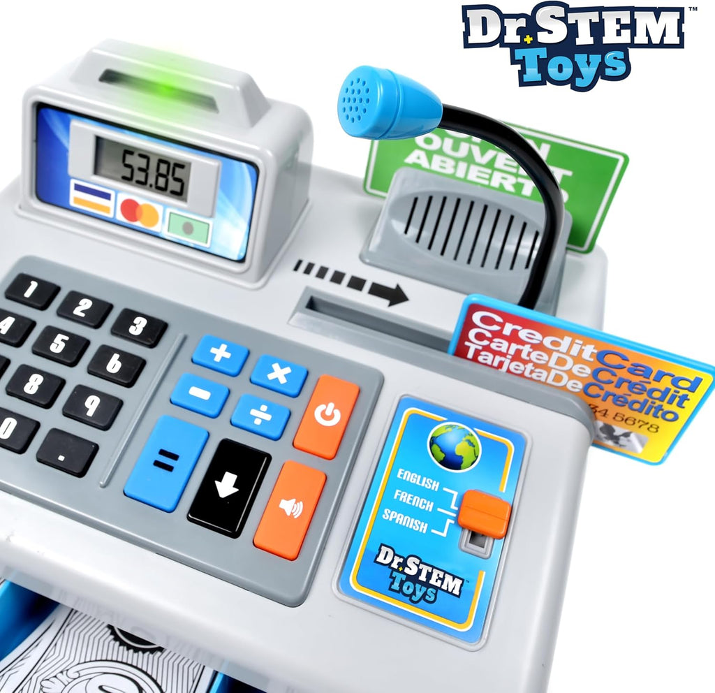 Caja registradora de juguete parlante, STEM Learning 69 piezas de simulación tienda con 3 idiomas, micrófono de paginación, tarjeta de crédito, tarjeta bancaria, dinero de juego y banca para niños (plateado)