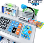 Caja registradora de juguete parlante, STEM Learning 69 piezas de simulación tienda con 3 idiomas, micrófono de paginación, tarjeta de crédito, tarjeta bancaria, dinero de juego y banca para niños (plateado)