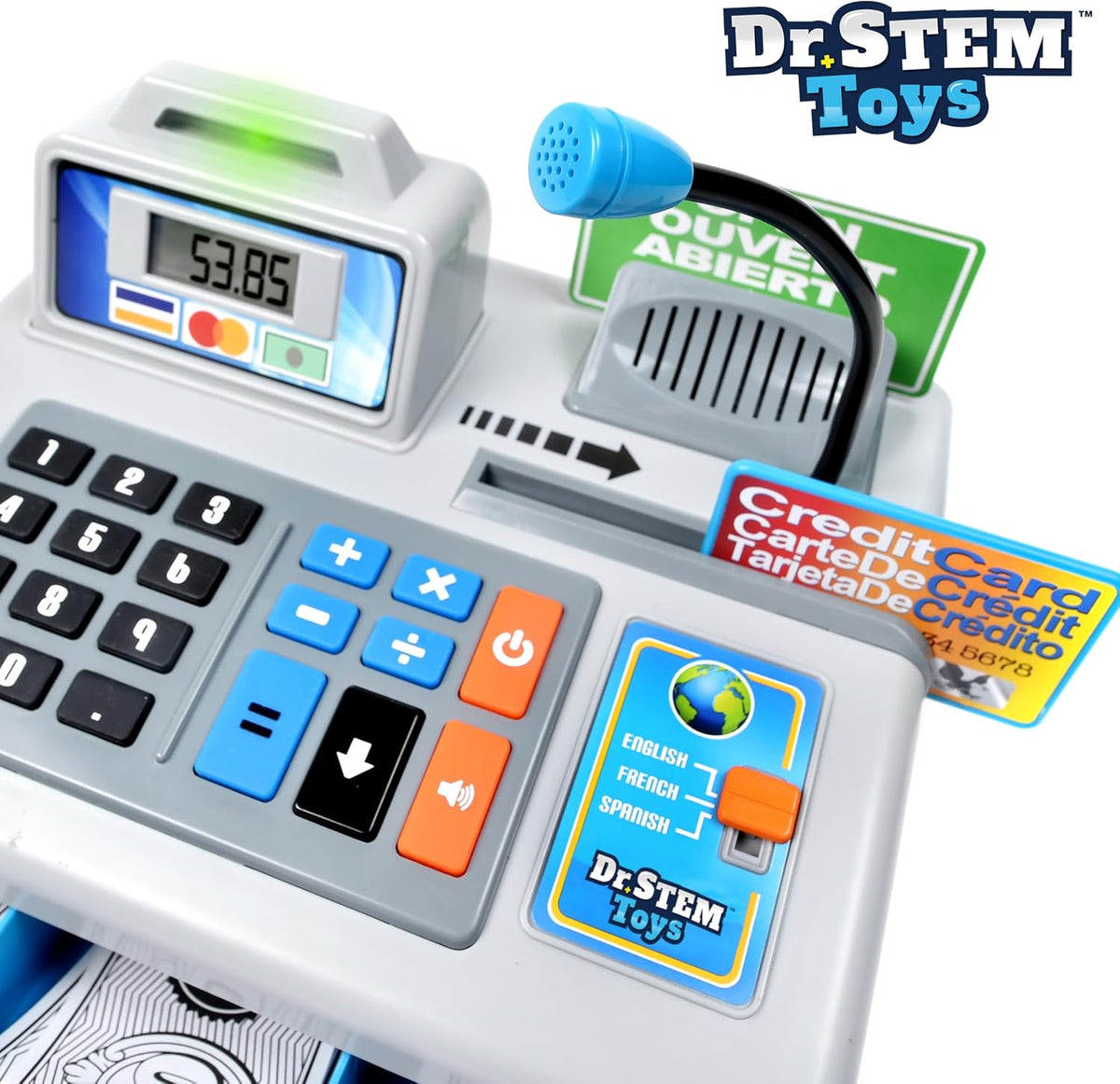 Caja registradora de juguete parlante, STEM Learning 69 piezas de simulación tienda con 3 idiomas, micrófono de paginación, tarjeta de crédito, tarjeta bancaria, dinero de juego y banca para niños (plateado)