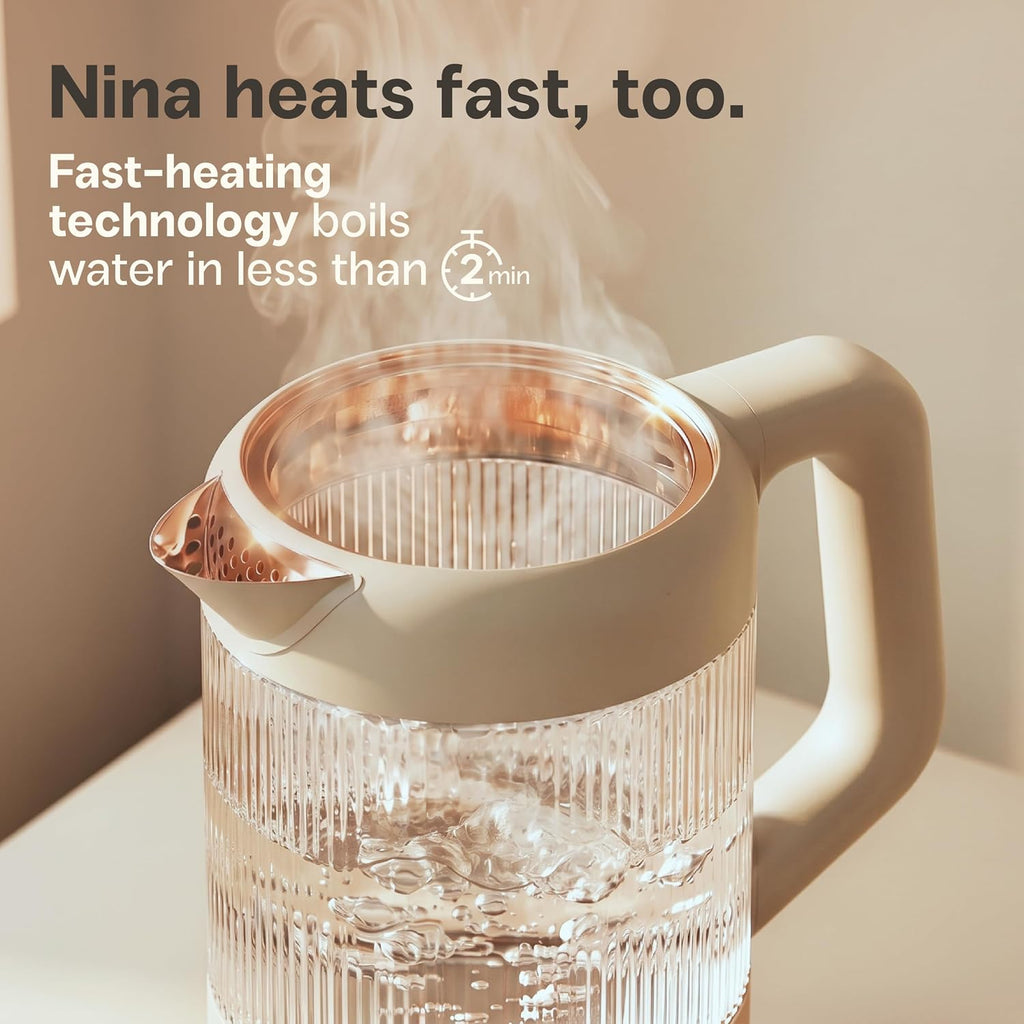 Viante Nina - Tetera eléctrica con infusor, sin plástico en contacto con el agua, vidrio de borosilicato de 1.5L, acero inoxidable 304, 4 preajustes de temperatura, mantiene el calor, inalámbrico