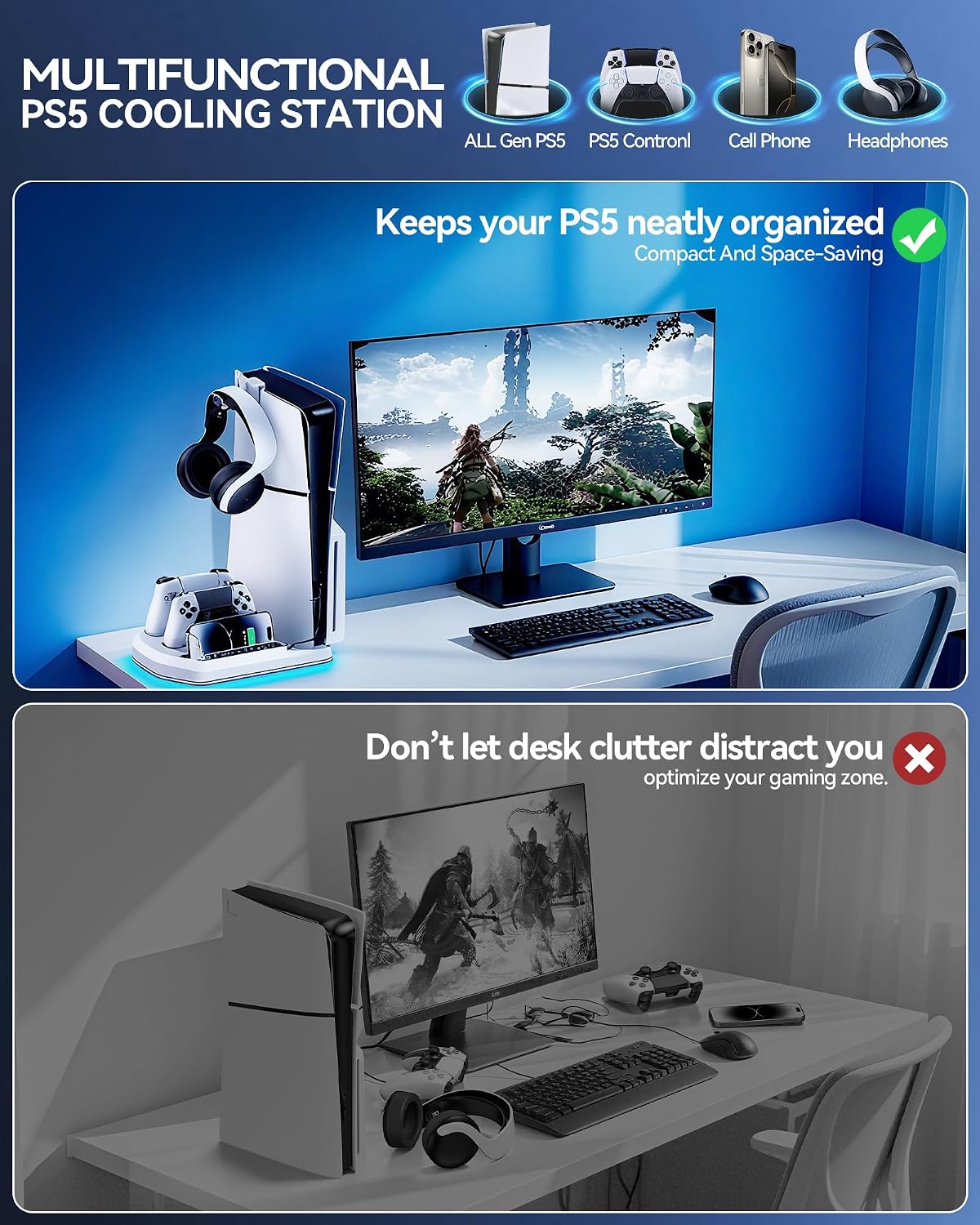 Estación de Enfriamiento con Cargador y Controlador para PS5/Slim/Pro, Soporte Vertical de PlayStation 5 para Consola con Disco y Digital, Estación de Carga Dual para Controladores PS5 con Ventilador de Enfriamiento de 3 Niveles, Juegos de PlayStation 3