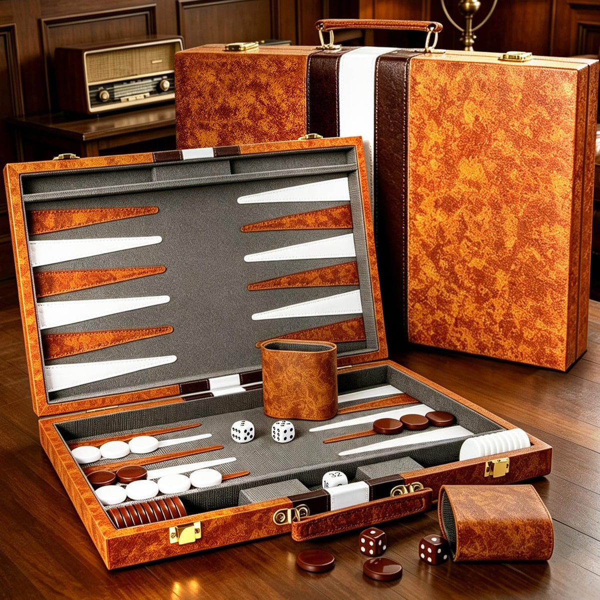 ARUOHHA Juegos clásicos de backgammon para adultos, funda de cuero de lujo, interior de fieltro, juego de backgammon de viaje portátil para fiestas y juegos familiares, juego de mesa popular de