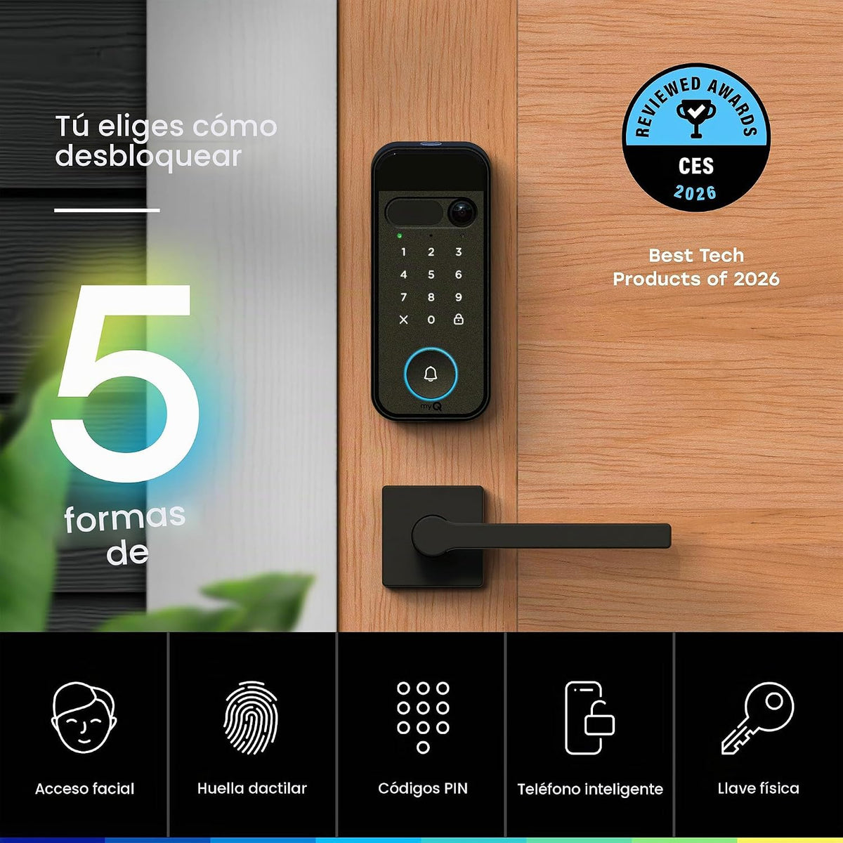 myQ Secure View™ - Cerradura inteligente 3 en 1 + timbre myQ + batería adicional, bloqueo de entrada sin llave, cámara de timbre HDR 2K, acceso facial, huella digital y PIN, control de aplicaciones