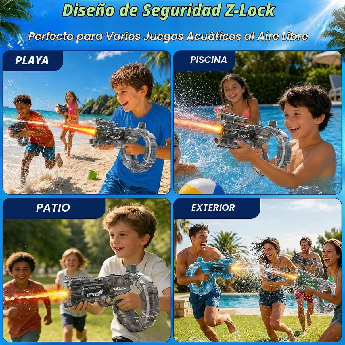 Pistola de agua eléctrica para niños y adultos – Lanzador de agua automático con batería recargable, luces LED, potente pistola de chorro de largo alcance de 26 pies, juguete de agua de playa para