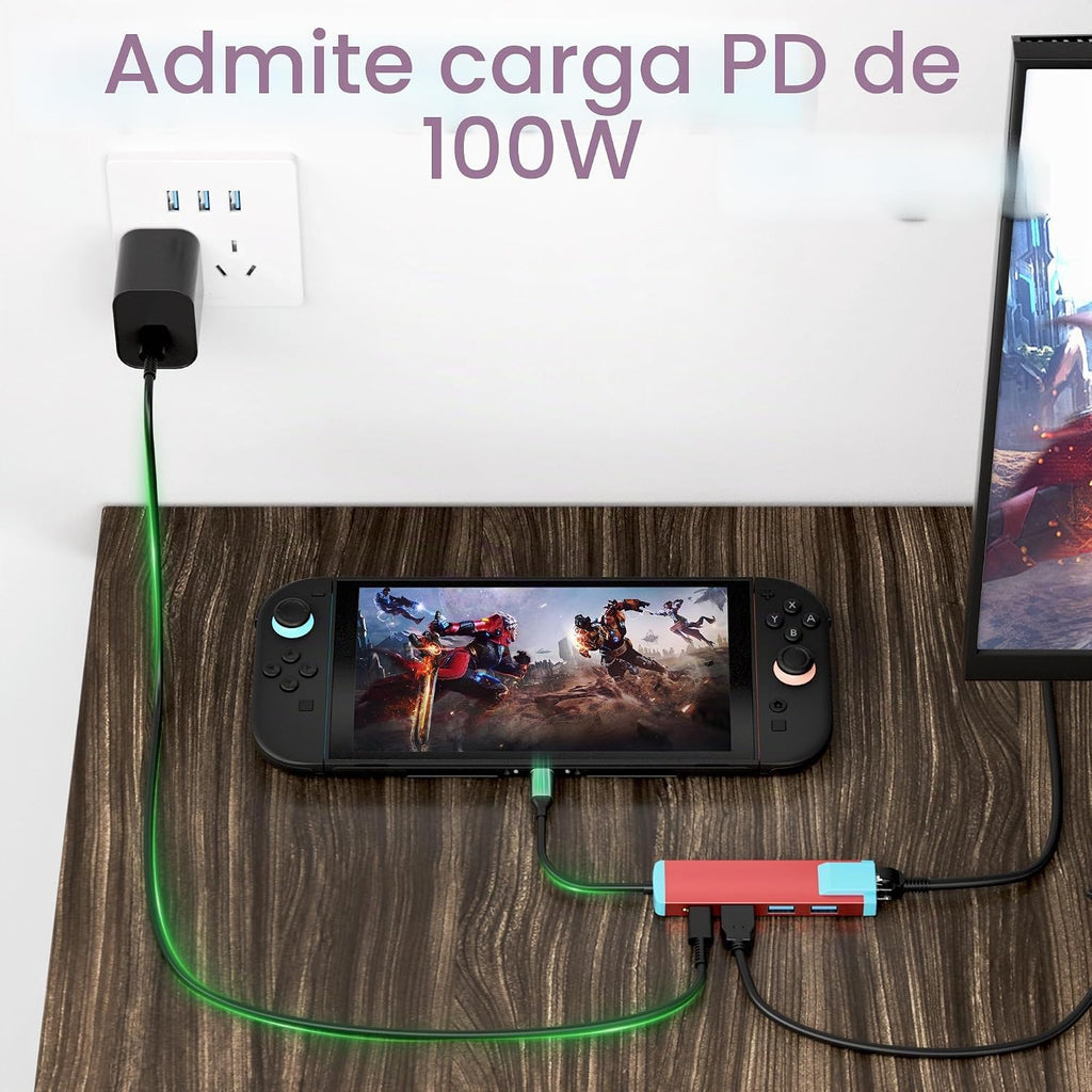 Conmutador USB-C 2, adaptador HDMI 4K @60Hz con puerto PD/USB 3.0/Gigabit Ethernet, base de repuesto para Switch/Switch OLED/Steam Deck/ROG Ally/Xbox Ally/Legion Go