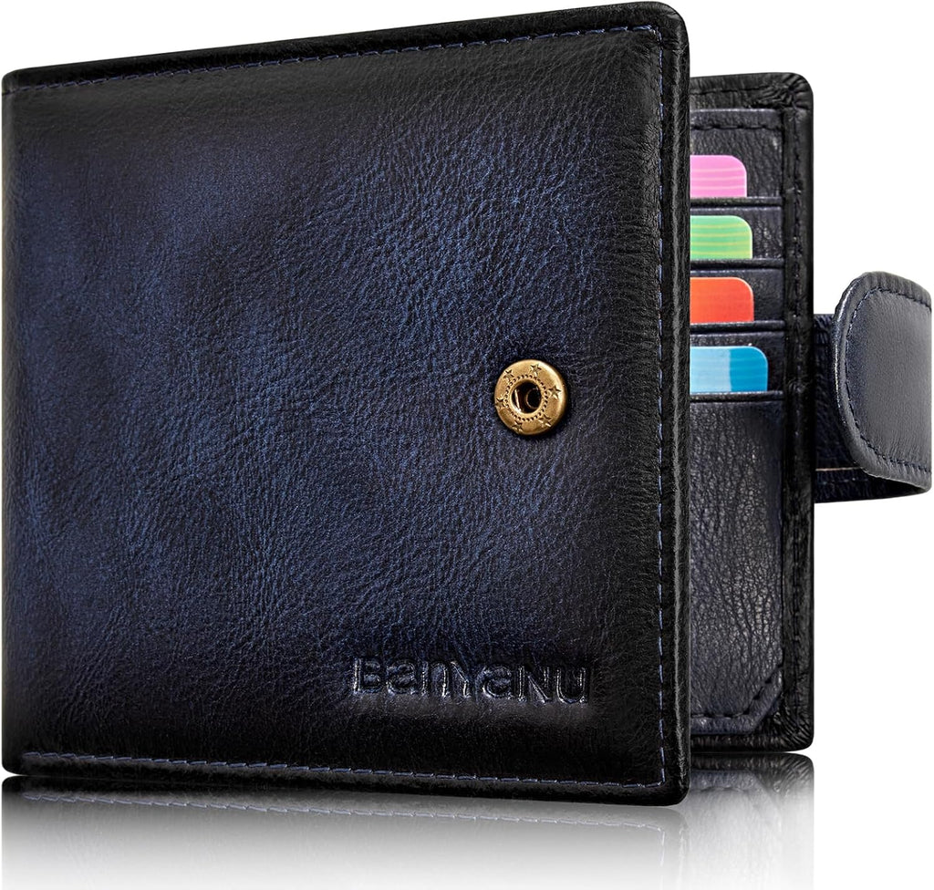 Cartera de cuero vintage para hombre, 19 ranuras para tarjetas, bloqueo RFID, gran capacidad, soporte para tarjetas plegable de cuero de grano superior, Azul, Retro