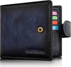 Cartera de cuero vintage para hombre, 19 ranuras para tarjetas, bloqueo RFID, gran capacidad, soporte para tarjetas plegable de cuero de grano superior, Azul, Retro