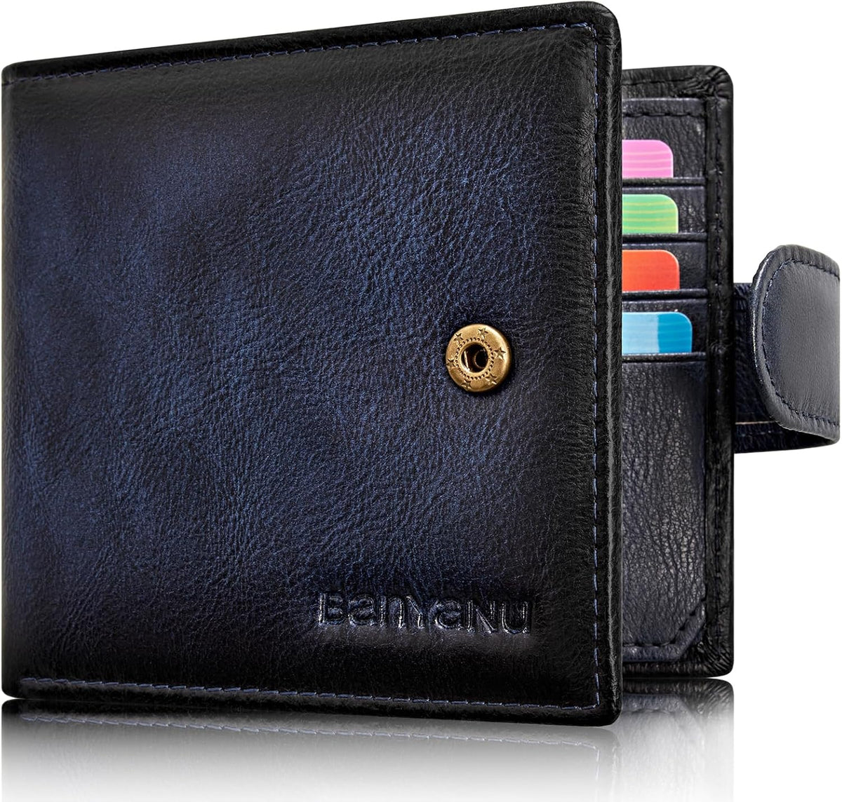 Cartera de cuero vintage para hombre, 19 ranuras para tarjetas, bloqueo RFID, gran capacidad, soporte para tarjetas plegable de cuero de grano superior, Azul, Retro