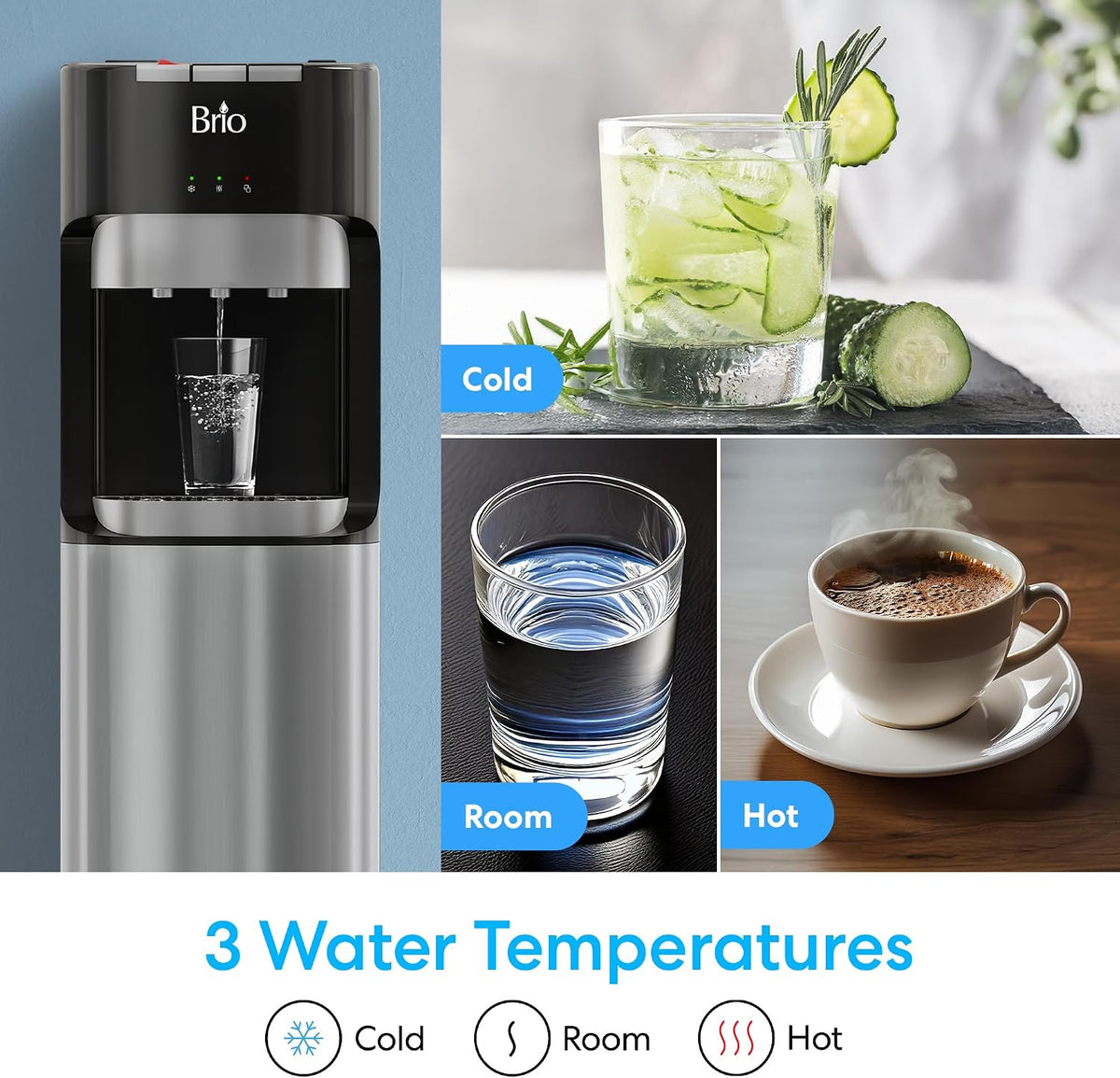 Brio Dispensador enfriador de agua con carga inferior para botellas de 5 galones - 3 temperaturas con salidas caliente, ambiente y fría, cerradura de seguridad para niños, pantalla LED con alerta de