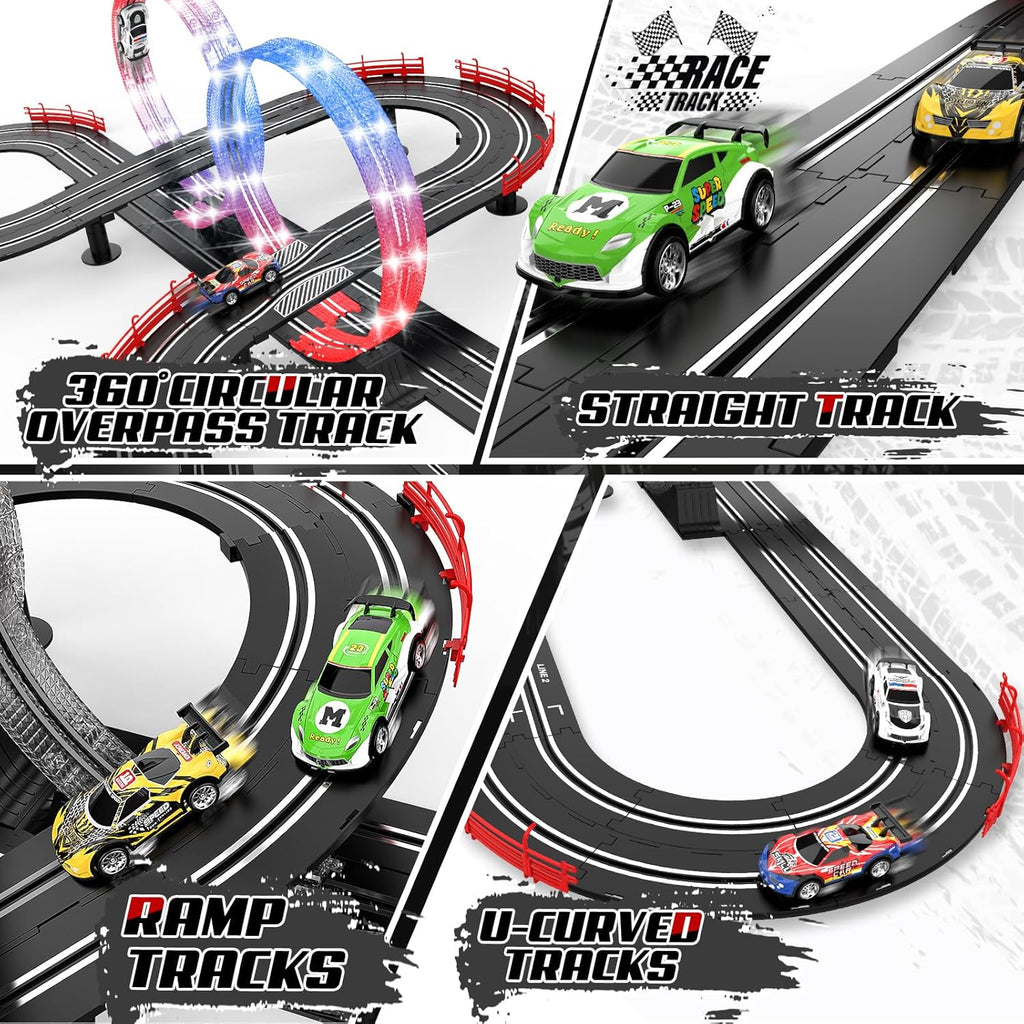 Juego de pista de carreras de ranura 3 en 1 con 4 coches de ranura de alta velocidad, pista de carreras eléctrica que incluye pistas de destello de paso elevado circular, juguetes de regalo de juego