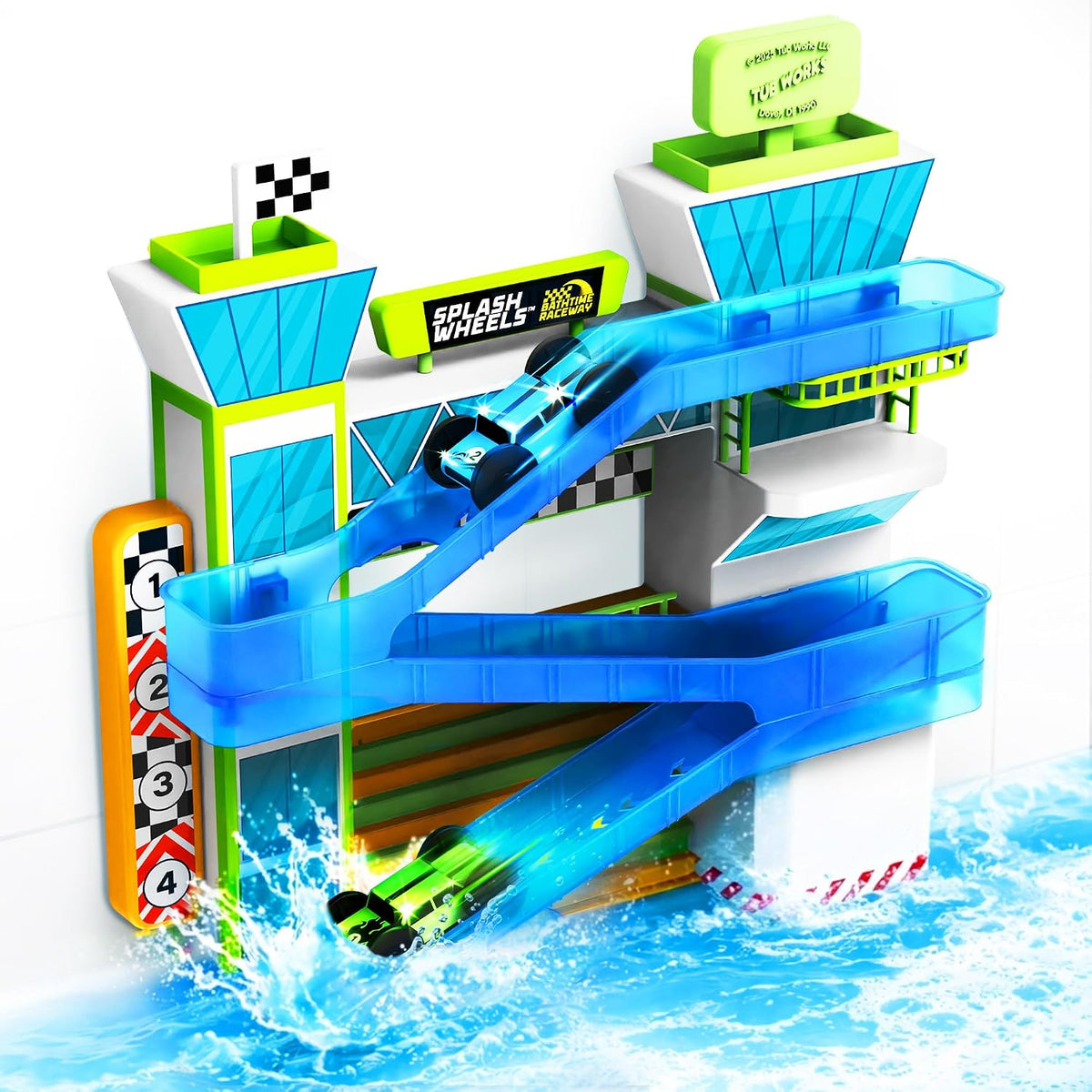 Tub Works® Splash Wheels™ Bathtime Raceway Car Ramp Toddler Bath Toy | Race Car Track con 2 Water-Activated Light-Up Racers | Light Up Bath Toys Flash & Change Colors | Engaging Bathtub Toys para Kids