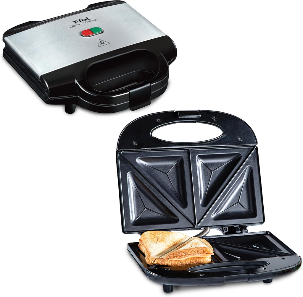 T-fal Sandwichera compacta, acero inoxidable, fácil de limpiar, luces indicadoras, mango de tacto frío, queso a la parrilla, Panini, 625 vatios, negro