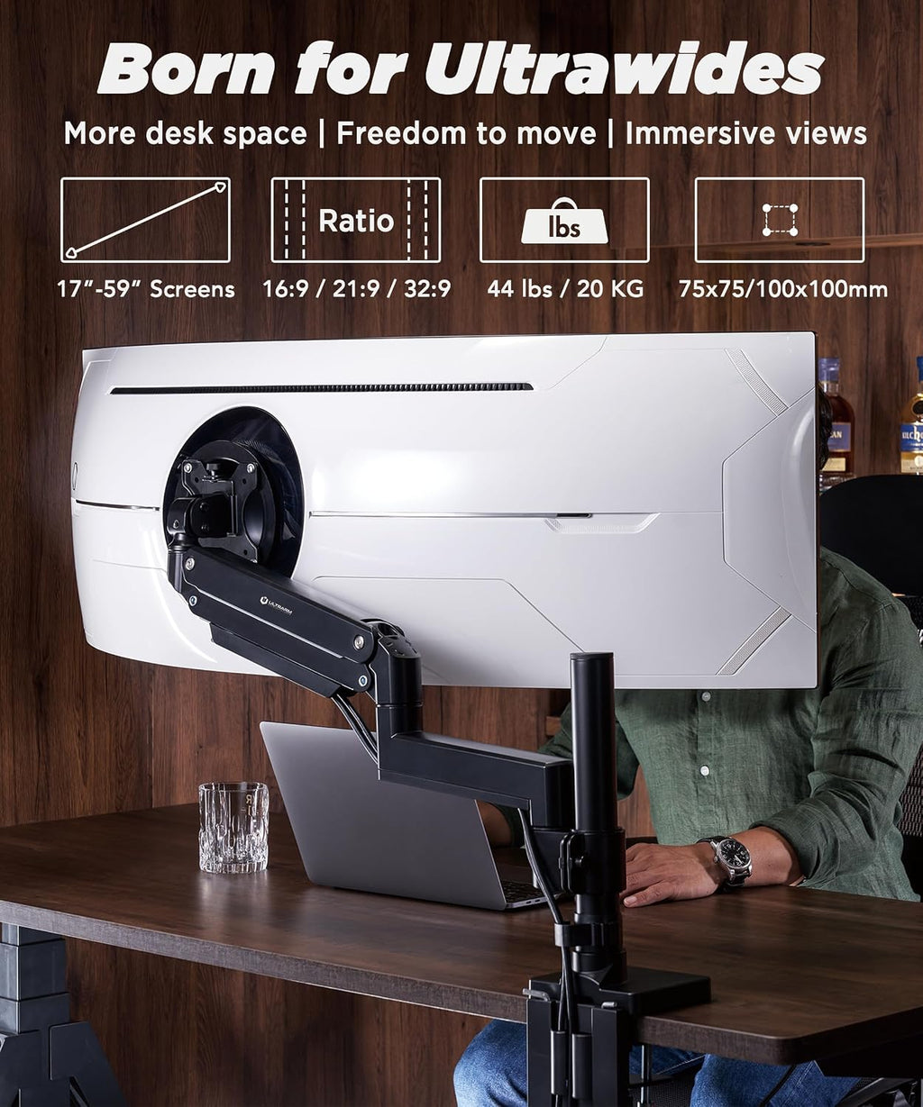 ULTRARM Brazo de monitor de servicio pesado para monitores ultraanchos de hasta 57" y 44 libras, soporte de escritorio individual, altura ajustable neumática, brazos de extensión modulares - VESA