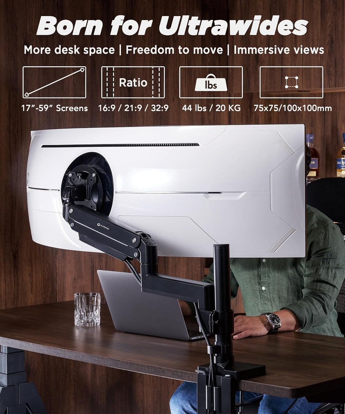 ULTRARM Brazo de monitor de servicio pesado para monitores ultraanchos de hasta 57" y 44 libras, soporte de escritorio individual, altura ajustable neumática, brazos de extensión modulares - VESA