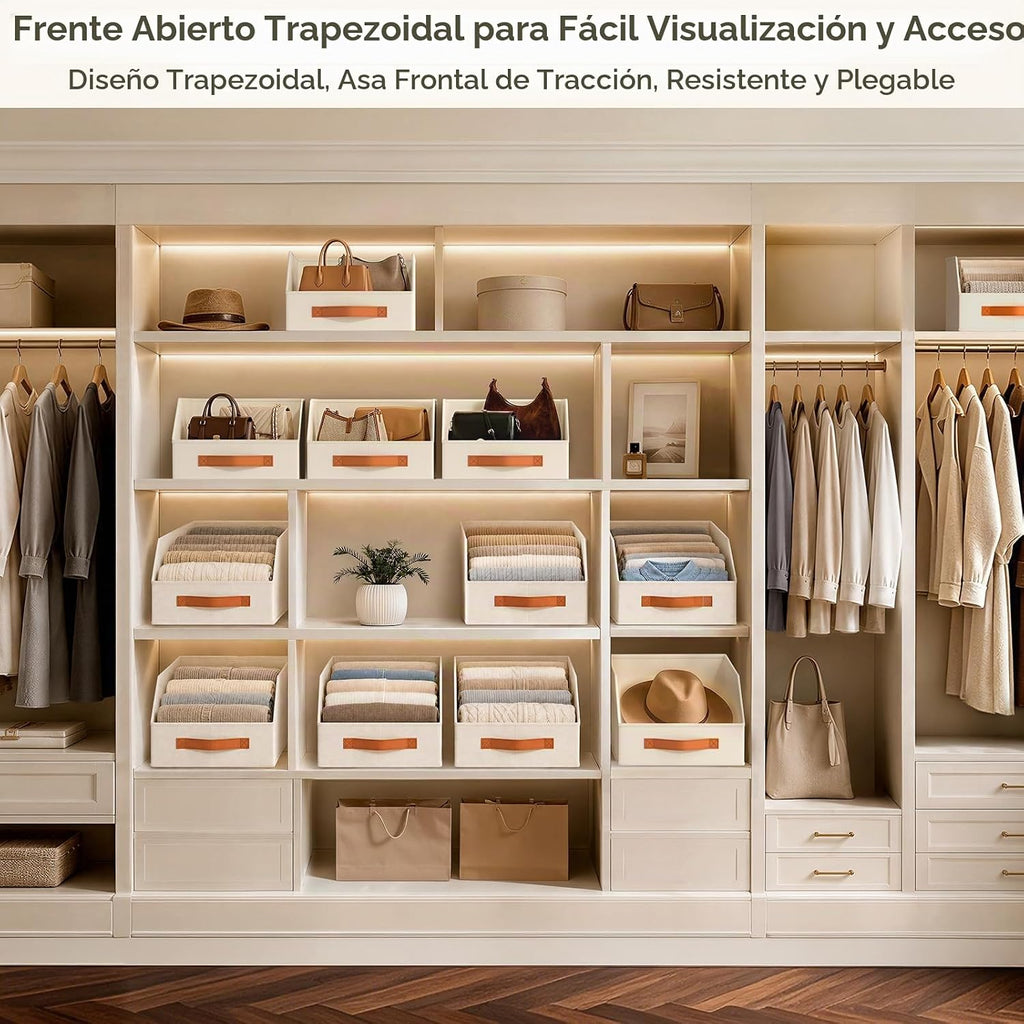 Contenedores de almacenamiento de tela para organizar, paquete de 6 cajas de almacenamiento grandes trapezoidales plegables con asa frontal, organizadores de armario y almacenamiento para