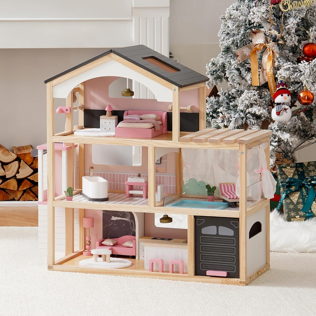 ROBUD Casa de Muñecas, Casa de Muñecas de Madera con 6 Habitaciones, Set de Muebles de 29 Piezas, Ascensor Funcional, Garaje, Piscina, Regalo Ideal para Niños de 3+ Años (Negro)